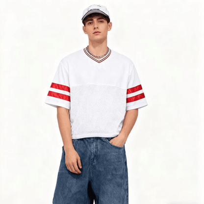 Unisex Oversized Cropped Vintage Jacquard-collar Mesh T-shirt（290GSM）