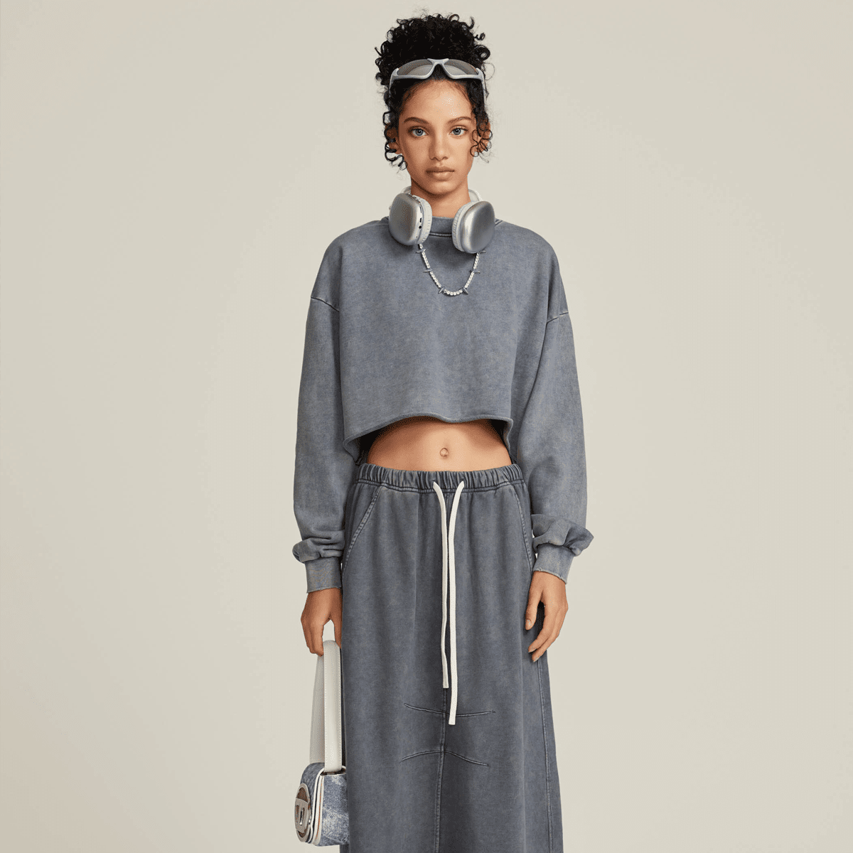 Washed Raw-Edge Cropped Crew Neck Sweatshirt（380GSM）