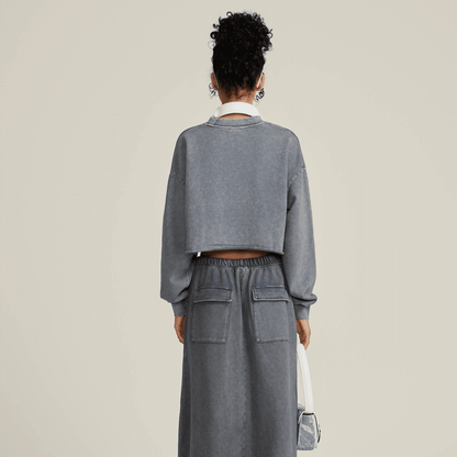 Washed Raw-Edge Cropped Crew Neck Sweatshirt（380GSM）