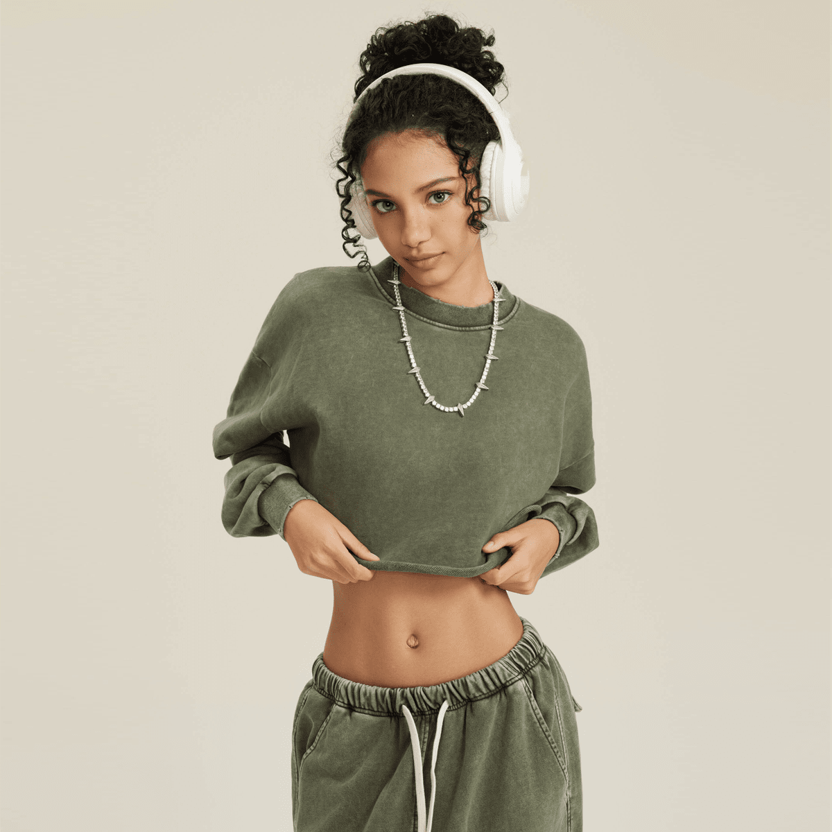 Washed Raw-Edge Cropped Crew Neck Sweatshirt（380GSM）
