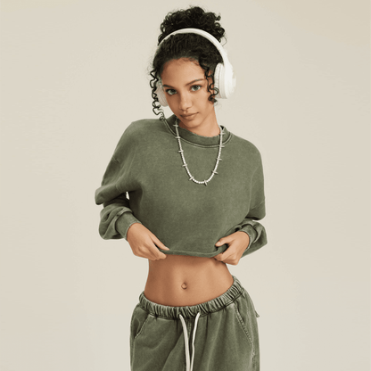 Washed Raw-Edge Cropped Crew Neck Sweatshirt（380GSM）
