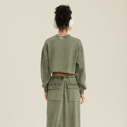 Washed Raw-Edge Cropped Crew Neck Sweatshirt（380GSM）