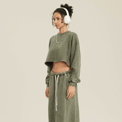 Washed Raw-Edge Cropped Crew Neck Sweatshirt（380GSM）