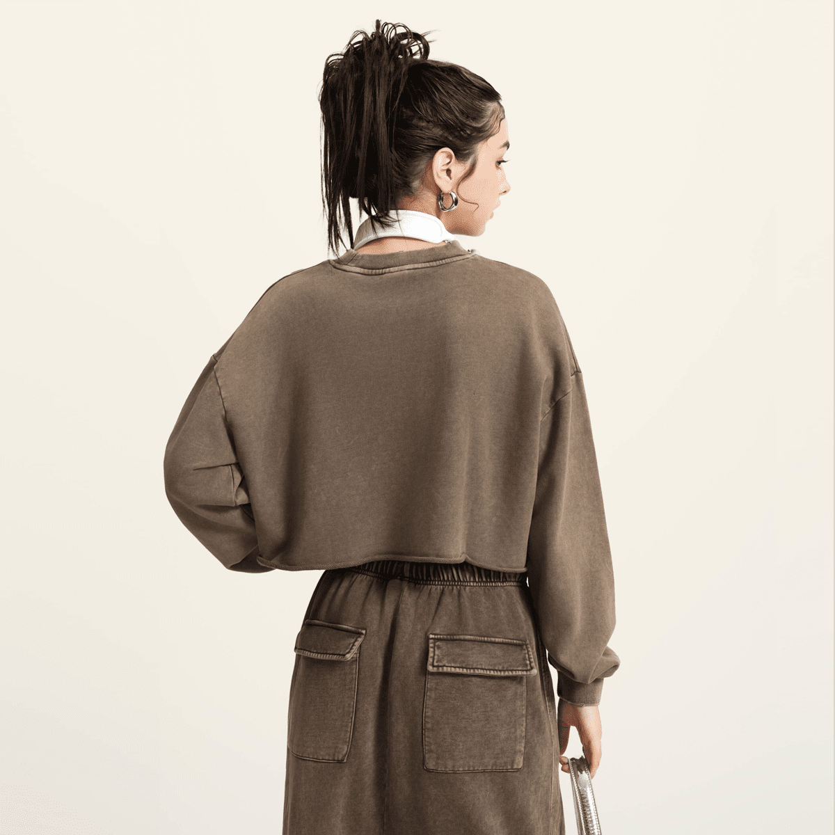 Washed Raw-Edge Cropped Crew Neck Sweatshirt（380GSM）