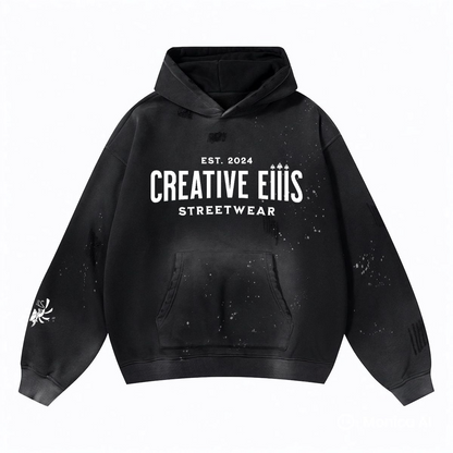 Vintage Wash Frayed Creative Eiiis Fleece Hoodie(360GSM)