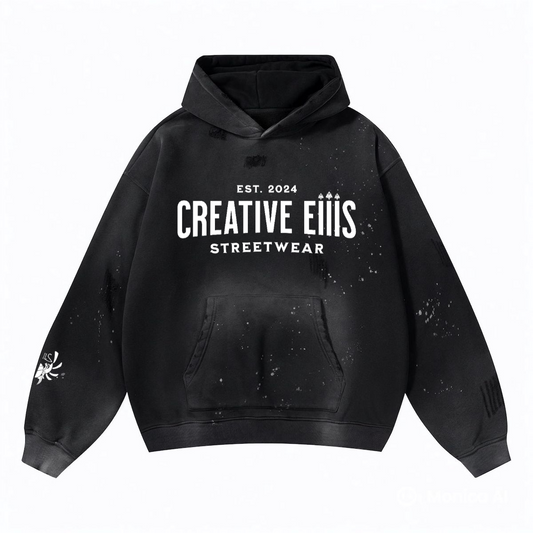 Vintage Wash Frayed Creative Eiiis Fleece Hoodie(360GSM)