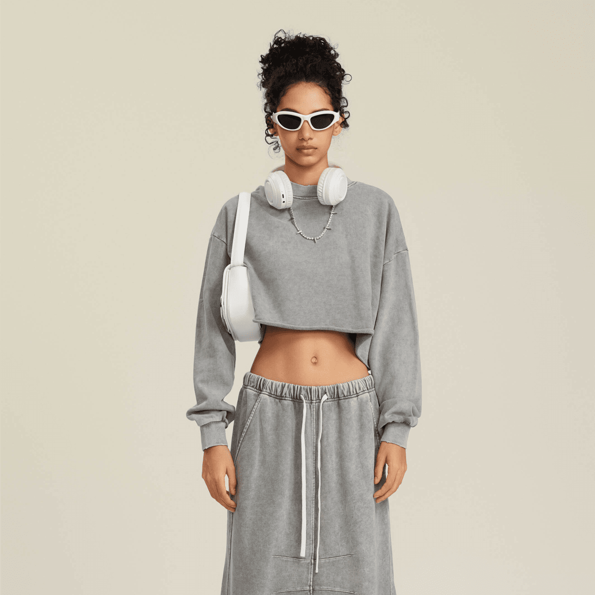 Washed Raw-Edge Cropped Crew Neck Sweatshirt（380GSM）