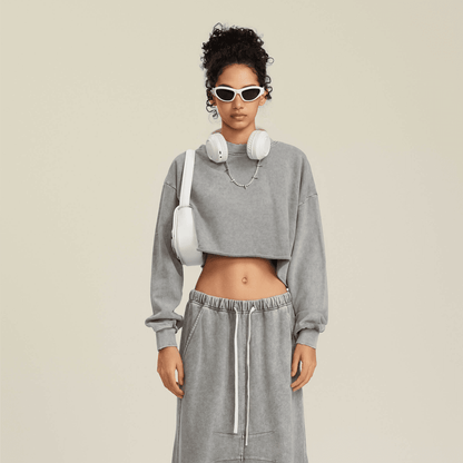 Washed Raw-Edge Cropped Crew Neck Sweatshirt（380GSM）