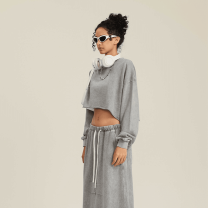 Washed Raw-Edge Cropped Crew Neck Sweatshirt（380GSM）